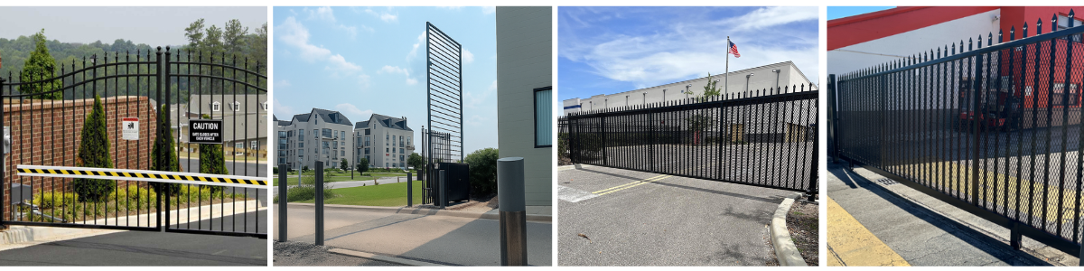 Four security gate styles: vertical lift/pivot, cantilever, V-track, and swing, from Access Control Technologies